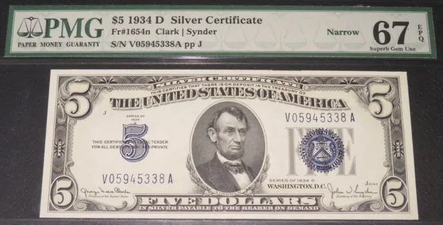 $5 1934D Silver Certificate. PMG 67 EPQ. VA Block. Narrow Variety