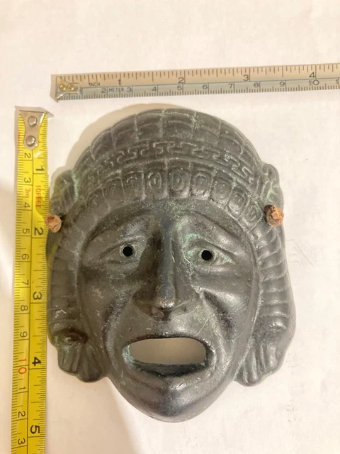 Rare Early Old Greek Mask Tragedy Wall Copper Bronze Patina Green Oxidation
