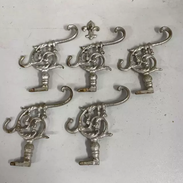 Beautiful Set Of 5 Ornate Cast Metal Hooks / Wall Hangers Silver Painted - LHN