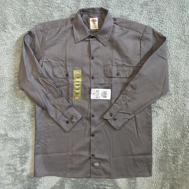 Dickies Mens Flex Button Up Long Sleeve Dark Grey Work Shirt  Size Medium  NEW
