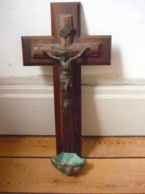 Antique French 14” Crucifix Altar mahogany cross christ wood font water