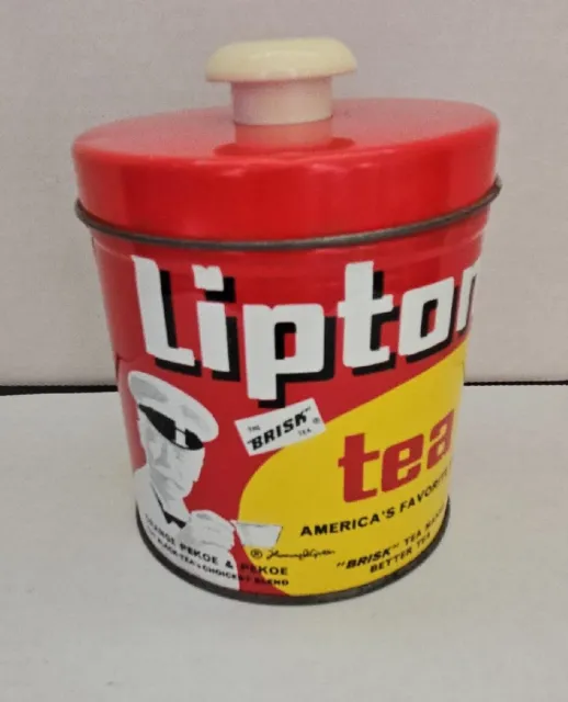 Antique Lipton Tea Metal Container w/ Plastic Top Decor Rare Primitive J.L Clark