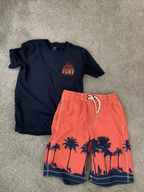 Gap Kids Boys Swim Shorts Trunks Size L 10 With Swim Shirt.  EUC. Red And Blue.