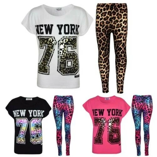 Bambine New York 76 Stampato Trendy Top Corto & Moda Set Leggings 7-13 Anni