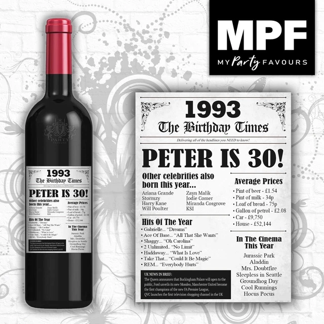 Personalisiert 1993 30. Geburtstag Wein Gin Wodka Flaschenetikett - Zeitung