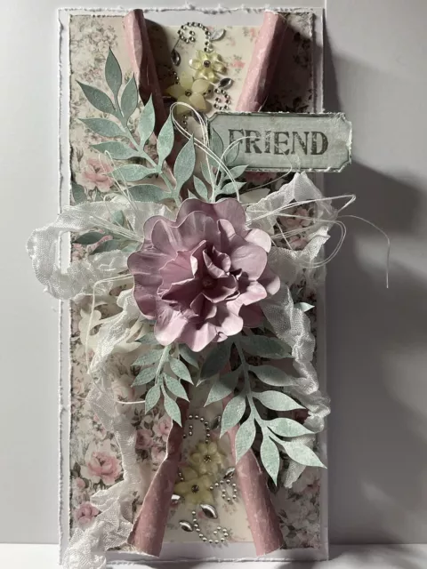 Luxury 3D Handmade Card Topper Pink Shabby Chic & Pearl Diamantés FRIEND Size DL