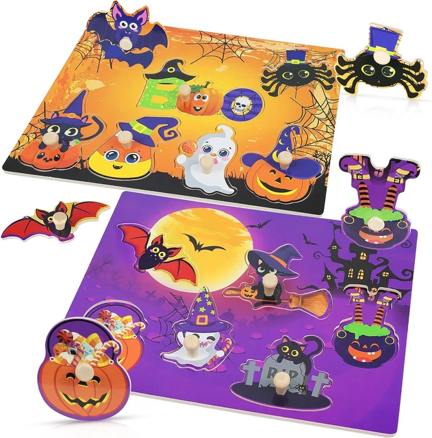 2Pcs Halloween Wooden Peg Puzzles, Halloween Toys for Toddlers Educational Puzzl