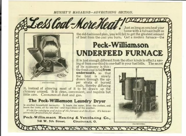 1903 Peck-Williamson Underfeed Furnace Antique Print Ad Home Heating Coal Dryer