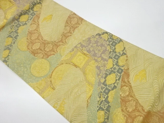 41344# Japanese Kimono / Vintage Fukuro Obi / Gold / Woven Rough Wave & Flowers