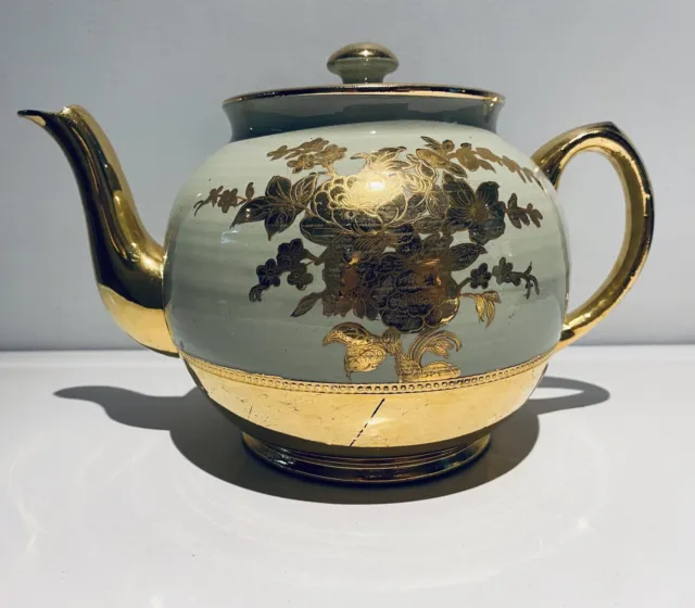 Sadler England Vintage Green Gold Leaf Teapot Rose Floral H:17 x L:26cm P556PR 2