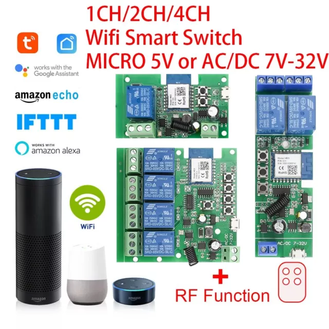 7-32V 1/2/4CH 433Mhz WIFI Smart Switch Module Wireless Relay APP Remote Control