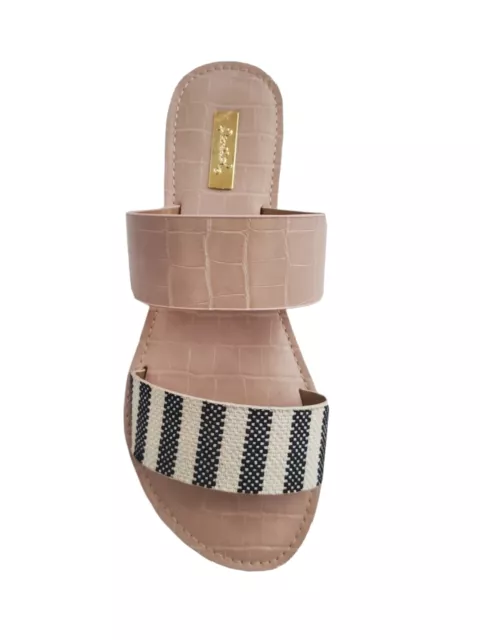 Qupid Athena Women's Two Strap Slide Sandal Nude Black Stripe