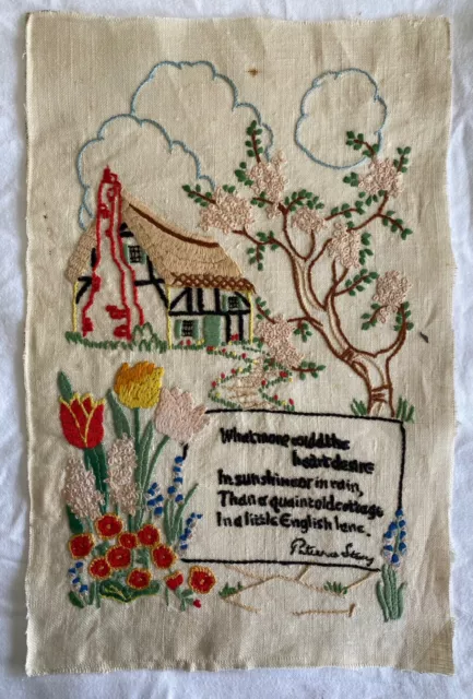 Vintage Embroidered Panel English Cottage Garden and Poem. Unframed.