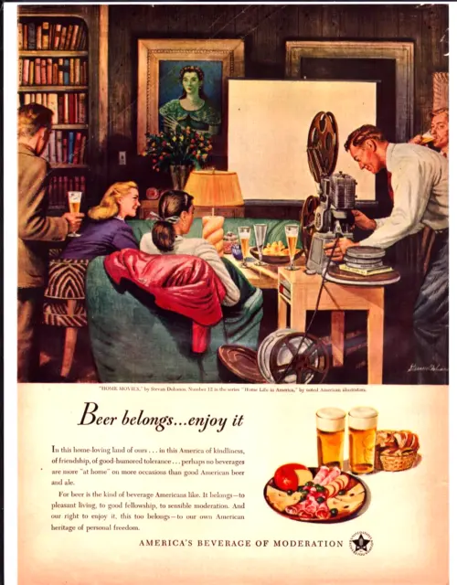 1948 Beer Original Magazine Vintage Print Ad Home Movies America Steven Dohanos