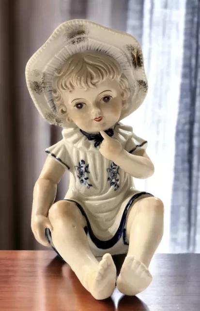 Vintage Porcelain KPM German Piano Baby Figurine Girl, Blue & White, 7.5”