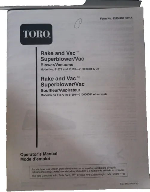 Toro Rake and Vac Superblower 51573 51591 Operators Manual #3325-988 Original