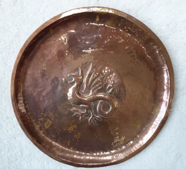 Vintage hand made copper Welsh Dragon tray, wall plaque, beaten embossed