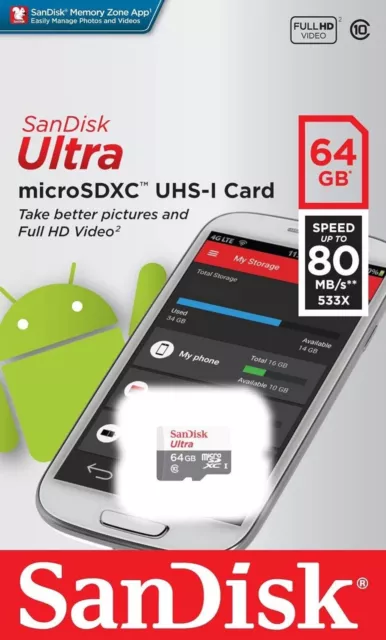 64GB SanDisk Ultra micro SD SDXC UHS-I Mobile Memory Card 80MB/s TF Class 10