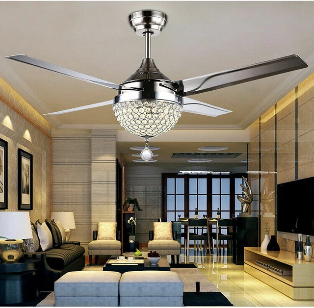 44" Remote Control Crystal Ceiling Fan Lamp LED Chandelier Pendant Light Fixture