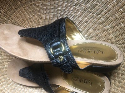 womens lauren - Ralph Lauren black leather fake suede footbed sandals-elegant