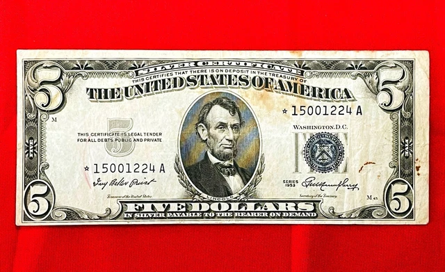 1953 $5 SILVER CERTIFICATE STAR NOTE LOW SERIAL # *15001224A Five Dollar Bill 5