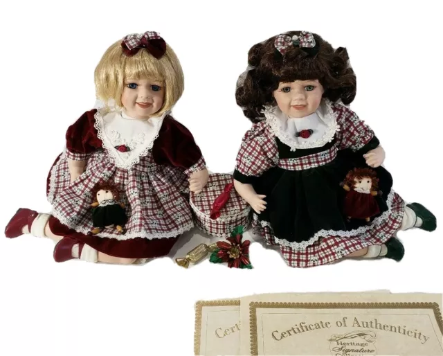2 Heritage Signature Collection Porcelain Dolls Christmas Vtg 9" Red Green