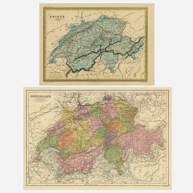 2 Antique Maps-SWITZERLAND-CANTON-VALAIS-BERN-BASEL-Bartholomew-Bernard-ca. 1820