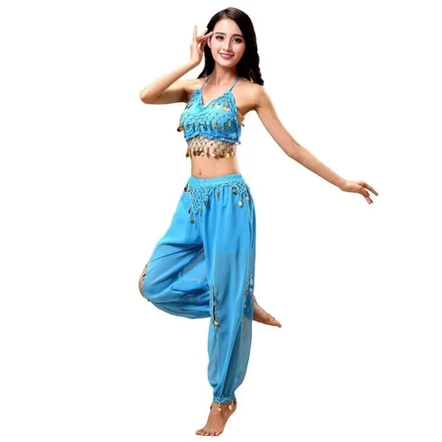 Girls Women Arabian Belly Dancer Top Slit Pant Party Costume Cyan 150-170cm