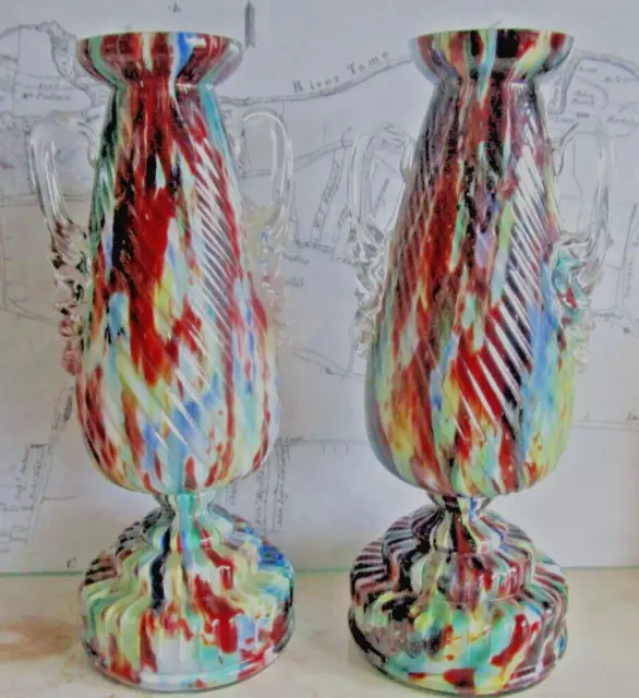 Antique Bohemian Franz Welz Colouful Spatter Glass Amphora Vases