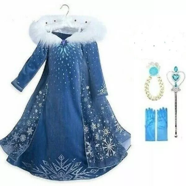 Frozen 2 Elsa Vestito Blu Bambine Principessa & Bacchetta Magica & Capelli Pezzi