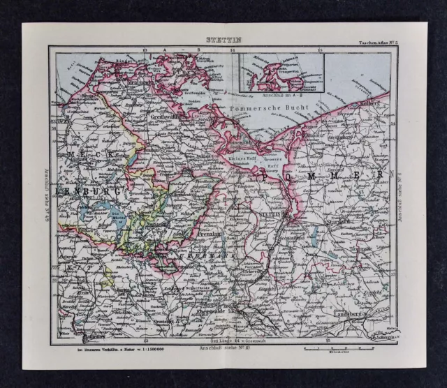 c1925 Taschen Atlas Map - Germany Stettin Pommern Mecklenburg Stralsund Rugen