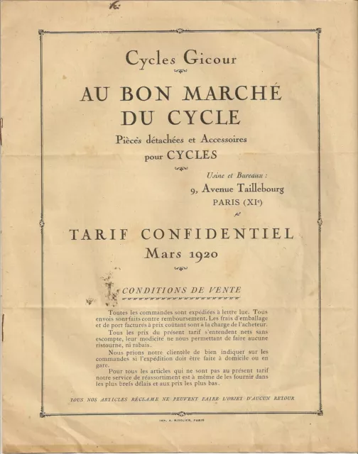 Brochure Publicitaire Cycle Gycour Au Bon Marche Du Cycle Paris Tarifs Mars 1920