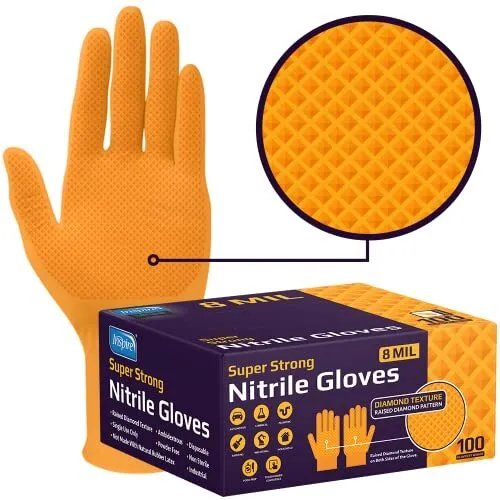 Heavy Duty Orange Nitrile Disposable Gloves | ULTRA 8 Mil Diamond Large 100