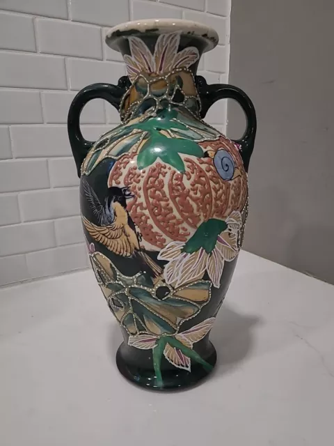 Lovely Vintage Oriental Asian Hand Painted Enamel Vase 12" Bird Flowers