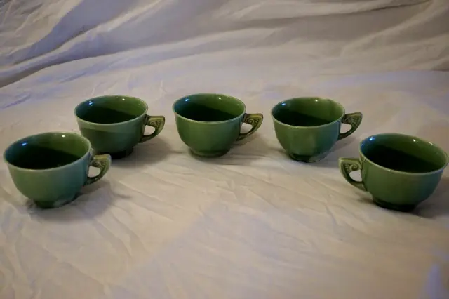 Homer Laughlin Wells Art Glaze Green Rim Coffee Cup  Set Of 5 Art Deco Usa