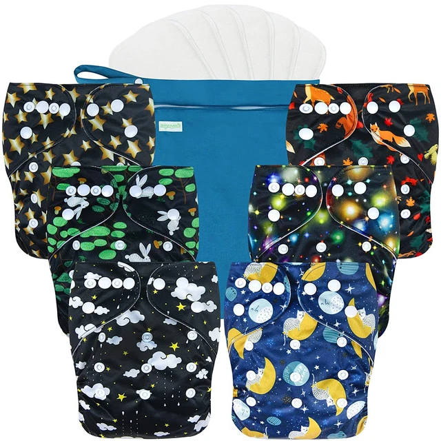Washable Reusable Baby Cloth Pocket Diapers 6 Pack + 6 Bamboo Inserts, 1 Wet Bag 2