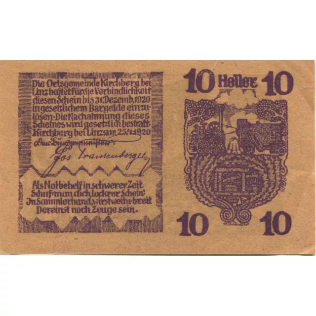 [#285725] Banknote, Austria, Kirchberg, 10 Heller, cheval, 1920, AU(55-58) Mehl: