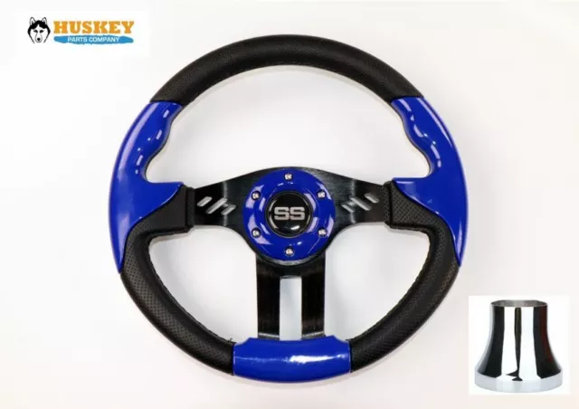 Club Car DS Golf Cart Blue Steering Wheel W/ Black Spokes & Chrome Hub Adapter