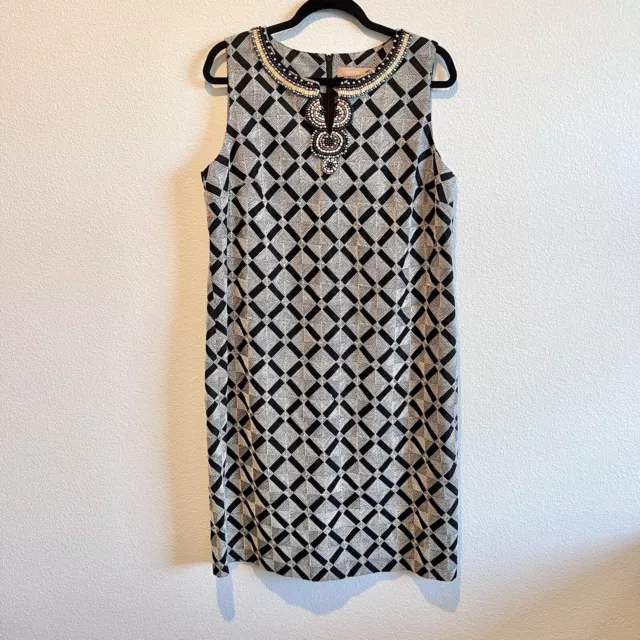 Ellen Tracy Black Gray Embroidered Beaded Sleeveless Dress Size 12 Linen Blend