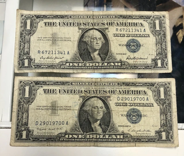 2 1957 Silver Certificate One Dollar Bills Blue Seal Series 1957 A Us Old Money