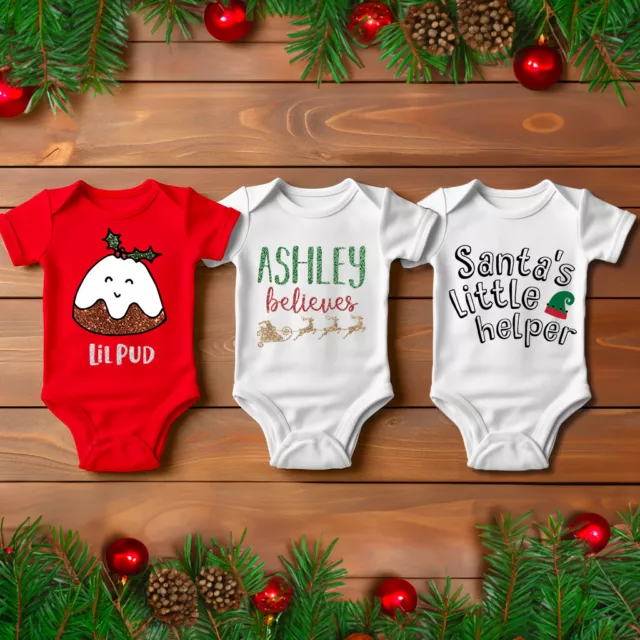 Christmas Babygrow Baby Vest Personalised Xmas Pudding First Boys Girls Gift