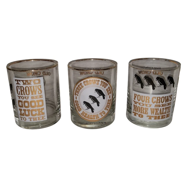 3 Vintage Old Crow Bourbon Rocks Glasses 2 Crows You See  Luck 3 Health 4 Wealth