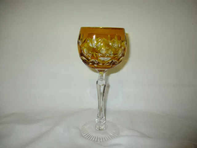 Vintage Czech Bohemian Amber Cut To Clear Crystal Wine Glass