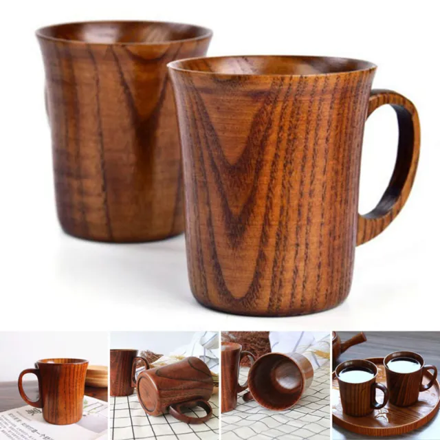 2Pcs 400ml Large Wooden Mug Coffee Beer Tea Wood Cup Retro Drinking Drinkware