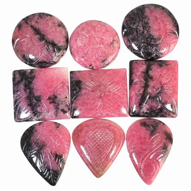 9 Pcs Natural Rhodonite 27mm-31mm Hand Carved Magnficent Untreated Gemstones Lot