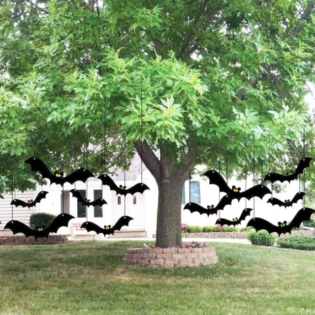 Outdoor Halloween Hanging Bats, 12pcs, Waterproof Scary Plastic Decor - USA Made