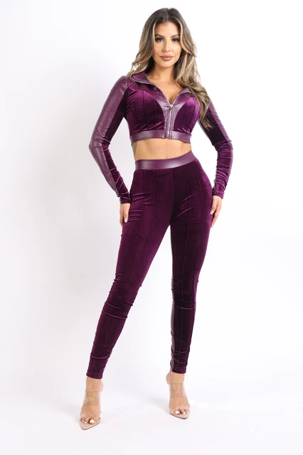 Women's Matte PU Velvet Contrast Collared Zip UP Top and Matching Pants 2 Piece