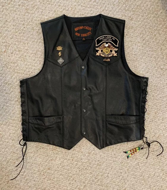 Midtown Cycles Black Leather Vest W/ Patches Pins Motorcycle Mens Size 50 Harley