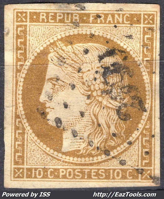 FRANCE TYPE CERES 10c BISTRE JAUNE N° 1 AVEC OBLITERATION PETIT CHIFFRE A VOIR