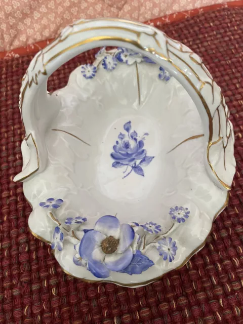 Antique Dresden Porcelain Basket with Applied Handle and Flowers